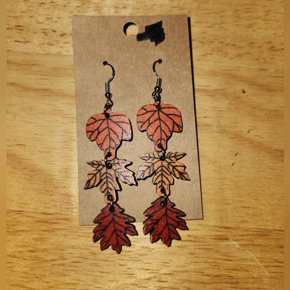 Jewelry - Faux Wooden Stack Fall Multicolor Leaves Dangling Earrings NEW